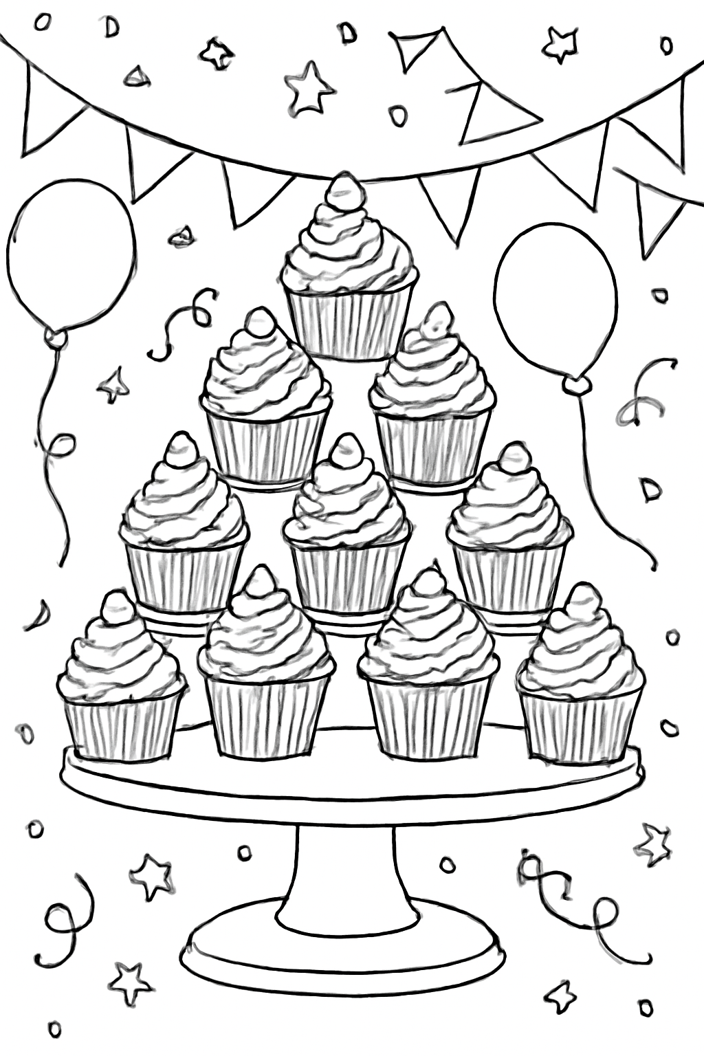 Free printable cupcake tower at a party coloring page for kids