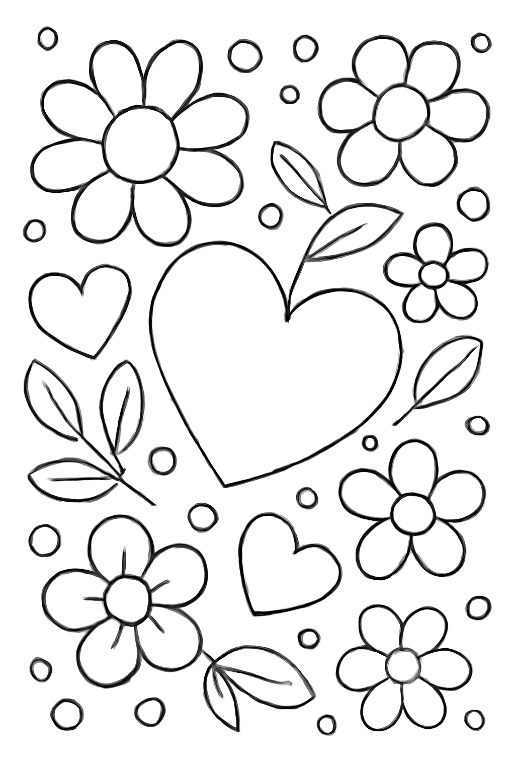 Free printable Valentine hearts and flowers coloring page for kids