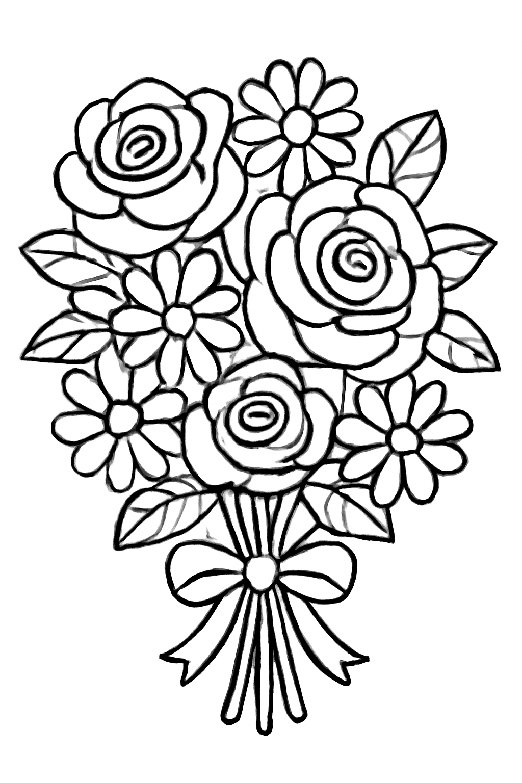 Free printable bouquet of roses and daisies coloring page for kids