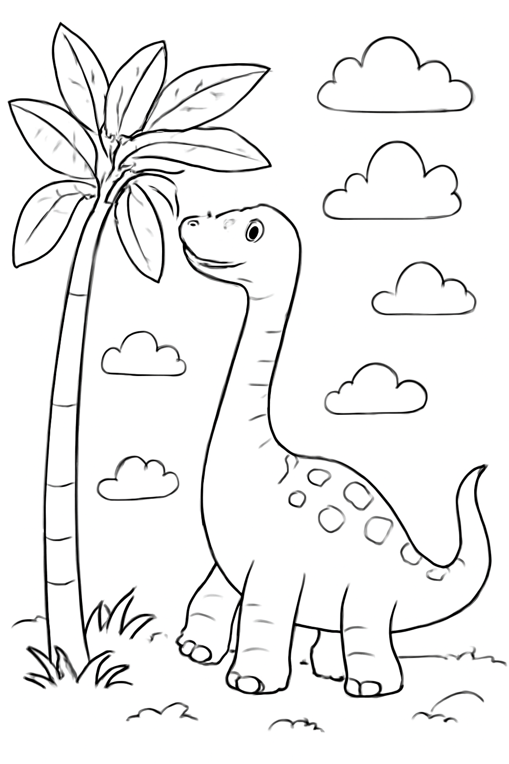 Free printable brachiosaurus reaching tall leaves coloring page for kids