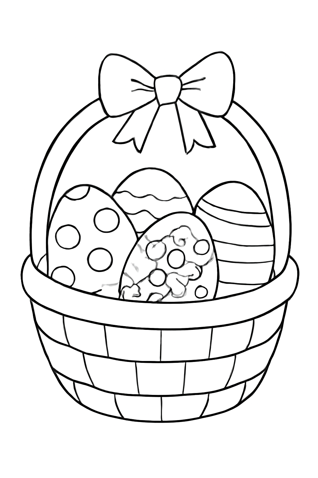 Free printable Easter basket with decorated eggs coloring page for kids