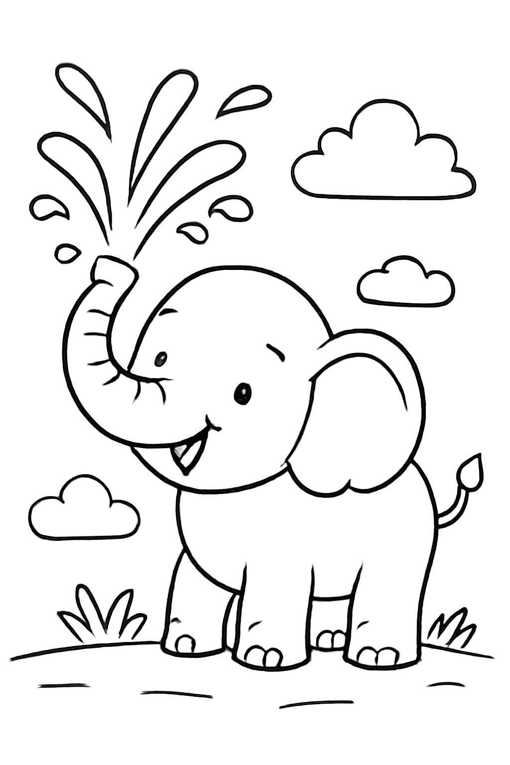 Free printable elephant spraying water coloring page for kids