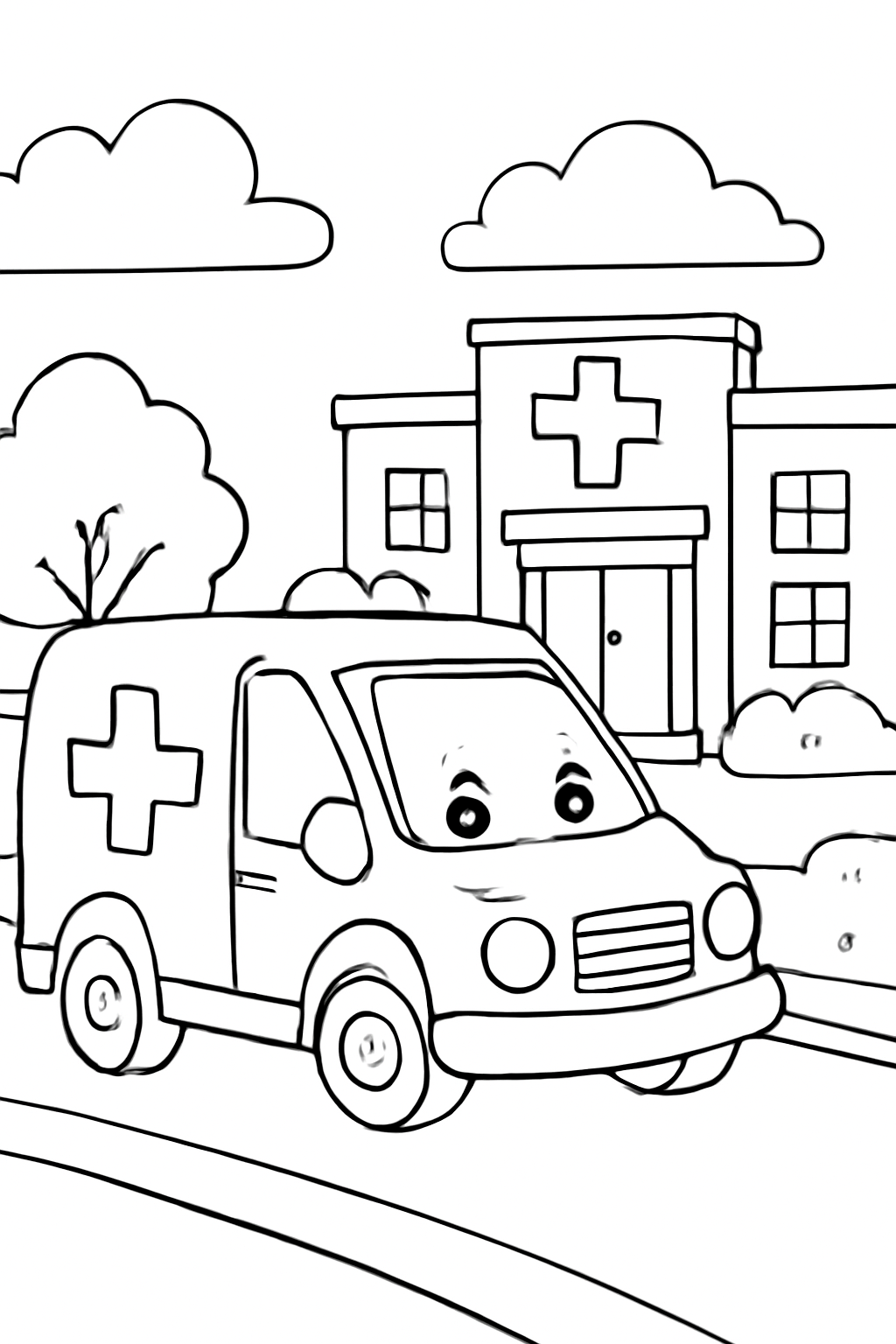 Free printable ambulance parked by a hospital coloring page for kids