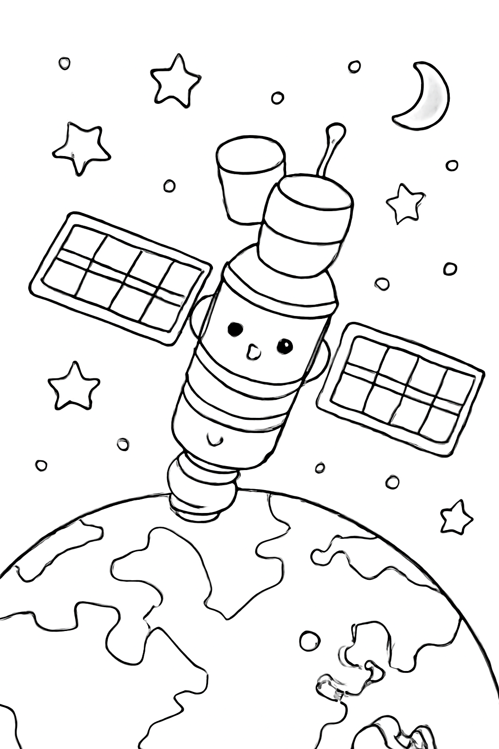 Free printable space station orbiting Earth coloring page for kids