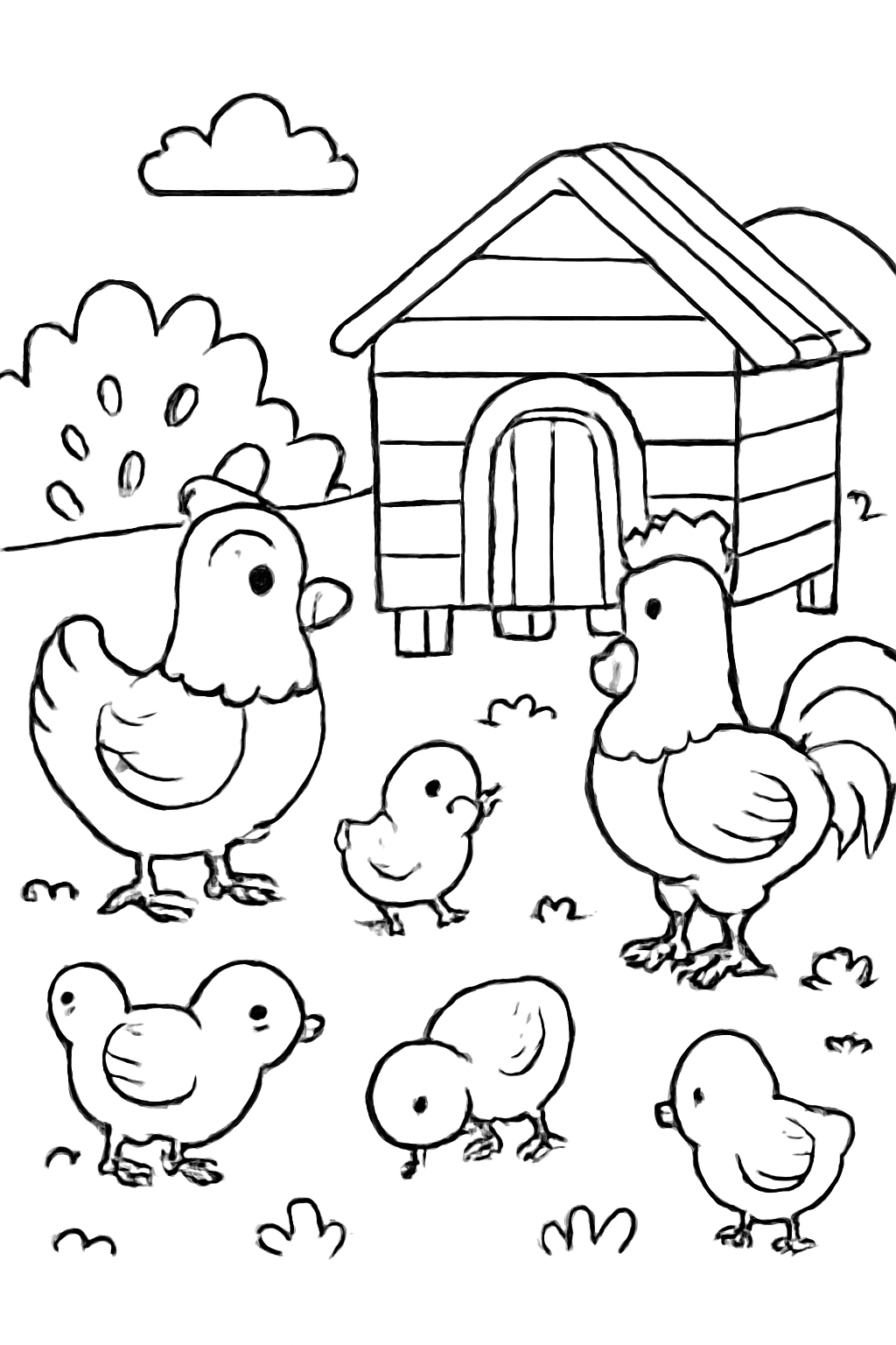 Free printable chickens and chicks near a coop coloring page for kids