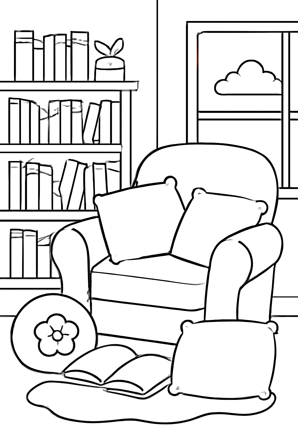 Free printable pillow-filled library corner coloring page for kids