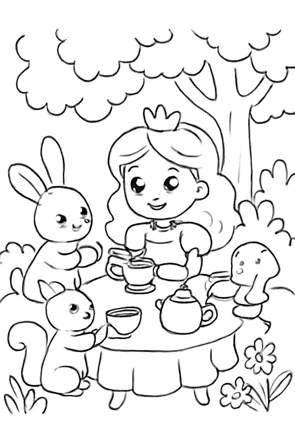 Free printable original princess having tea with woodland animals coloring page for kids