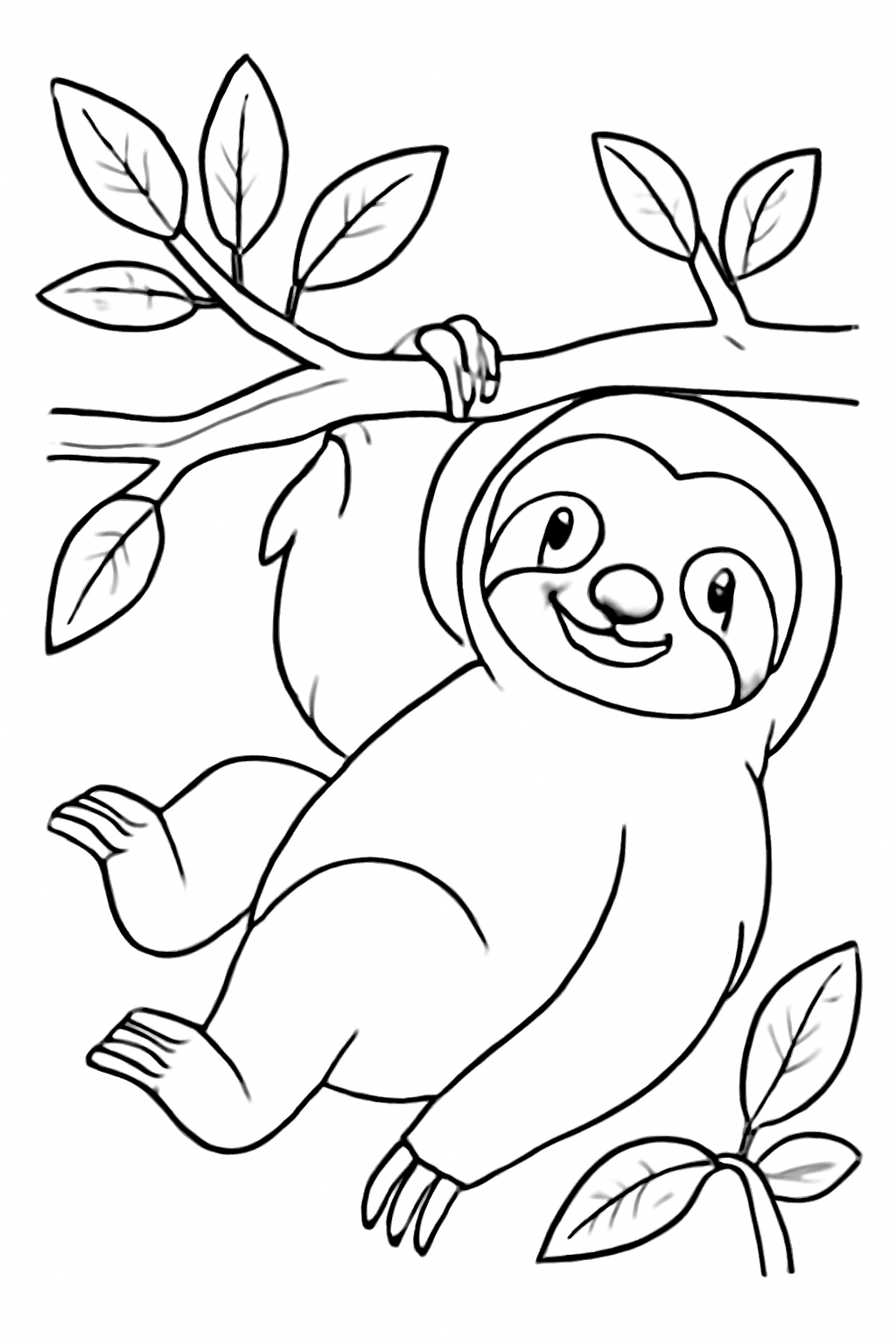 Free printable sloth hanging from a branch coloring page for kids