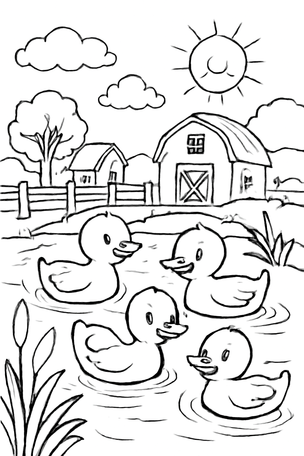 Free printable ducklings swimming in a farm pond coloring page for kids