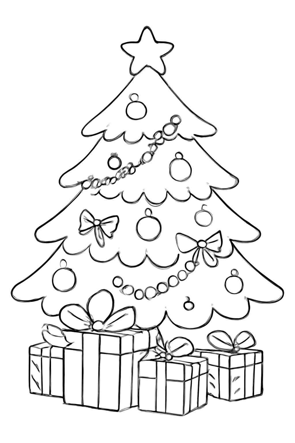 Free printable decorated Christmas tree with gifts coloring page for kids
