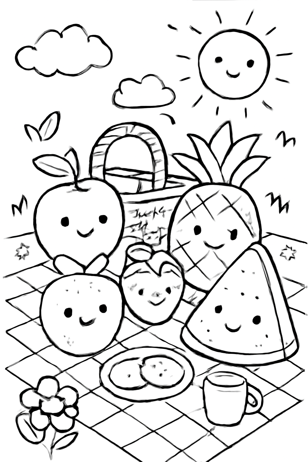 Free printable smiling fruit picnic coloring page for kids
