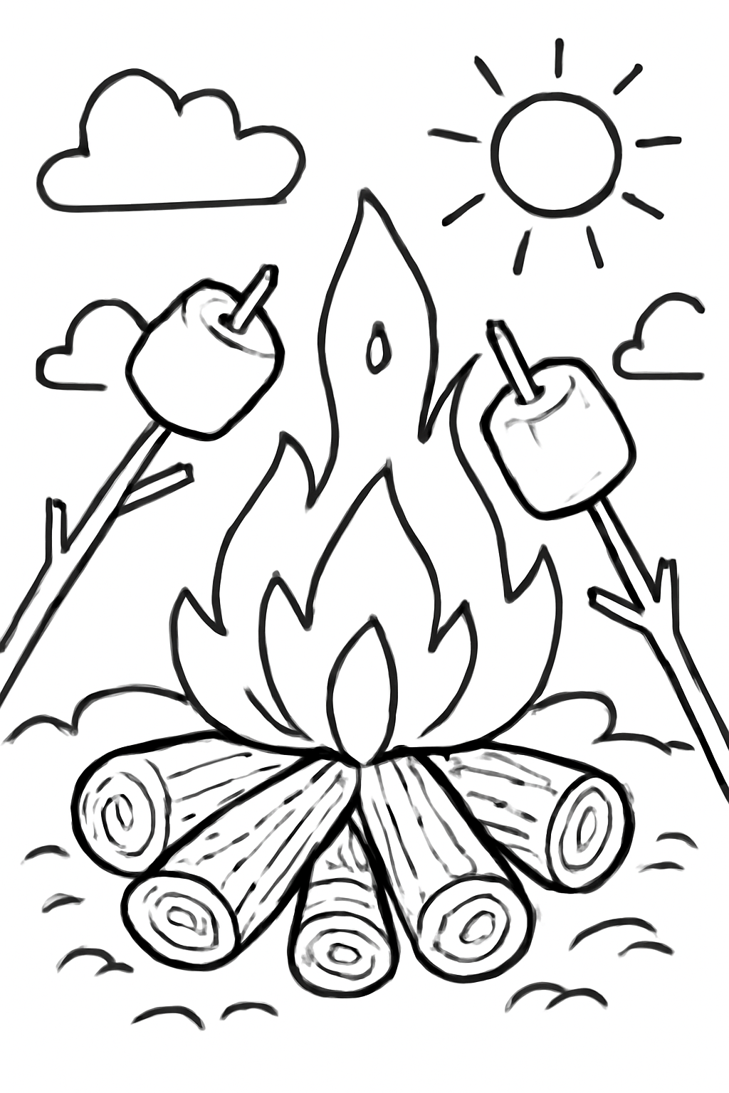 Free printable campfire with marshmallows coloring page for kids