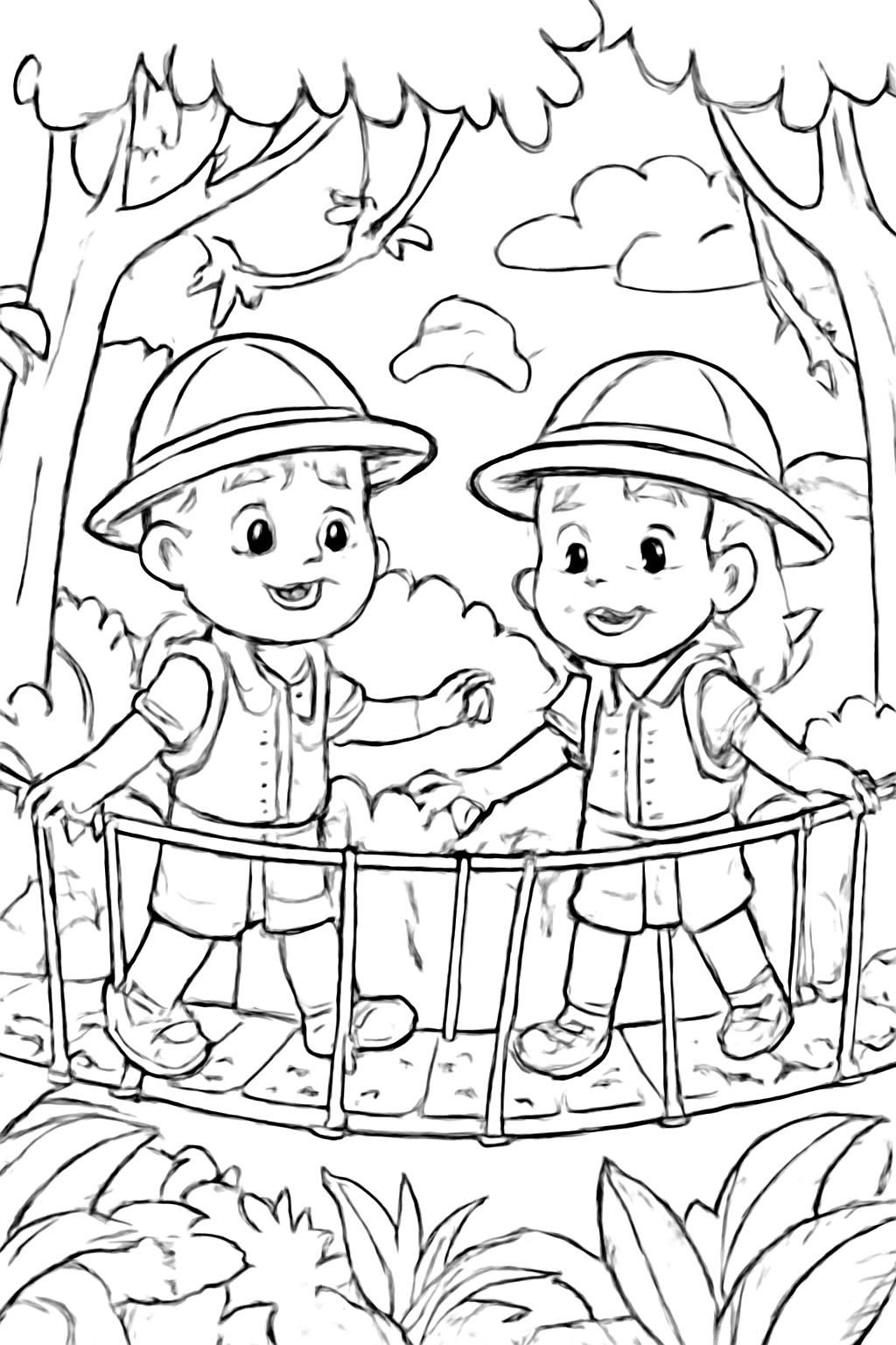 Free printable jungle explorers crossing a rope bridge coloring page for kids