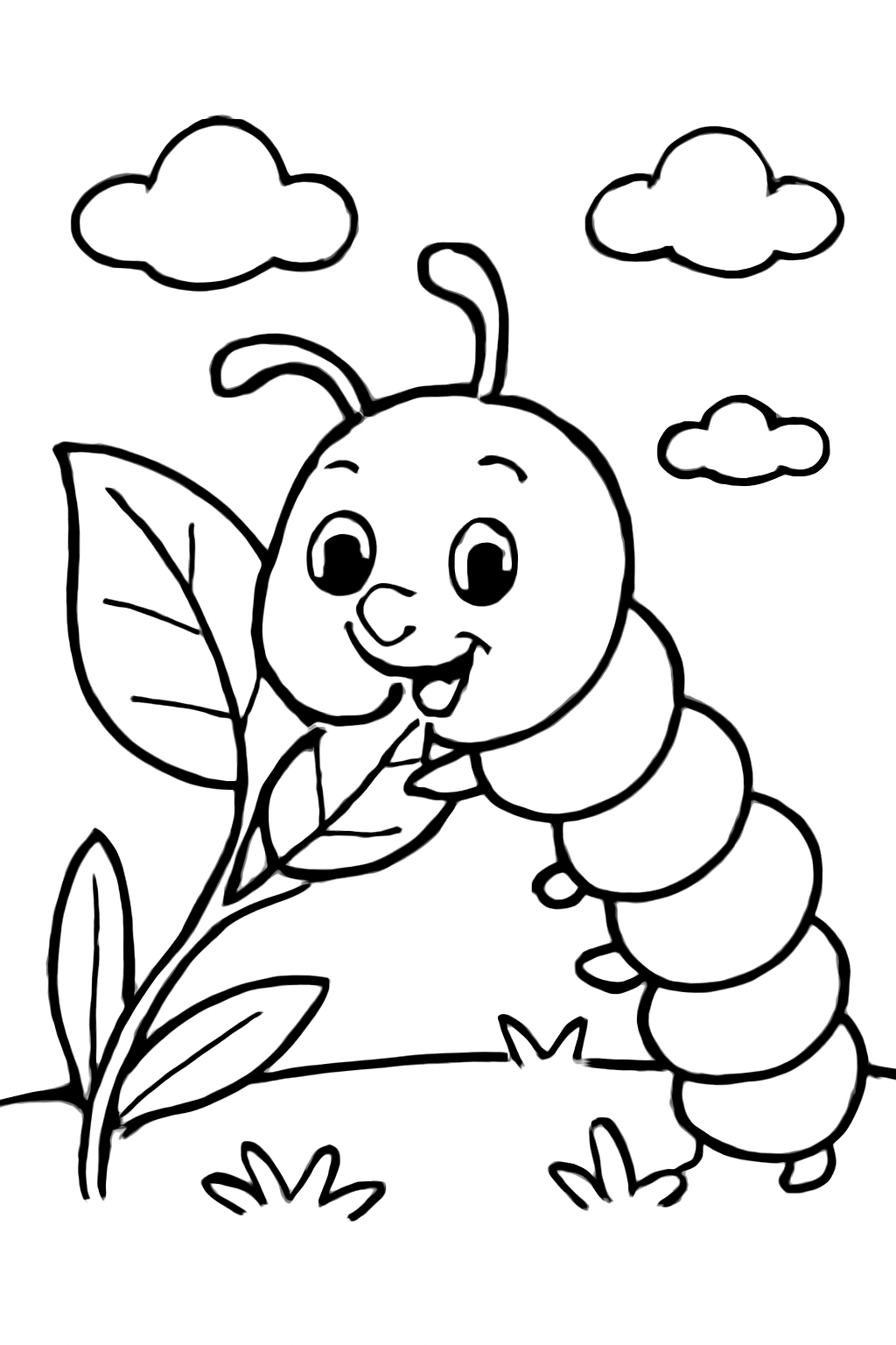 Free printable caterpillar eating a leaf coloring page for kids