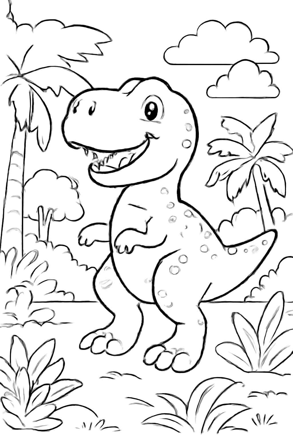 Free printable friendly tyrannosaurus in a prehistoric forest coloring page for kids