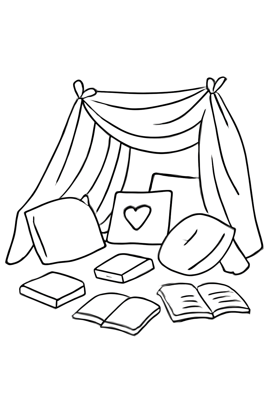 Free printable blanket fort with pillows and books coloring page for kids
