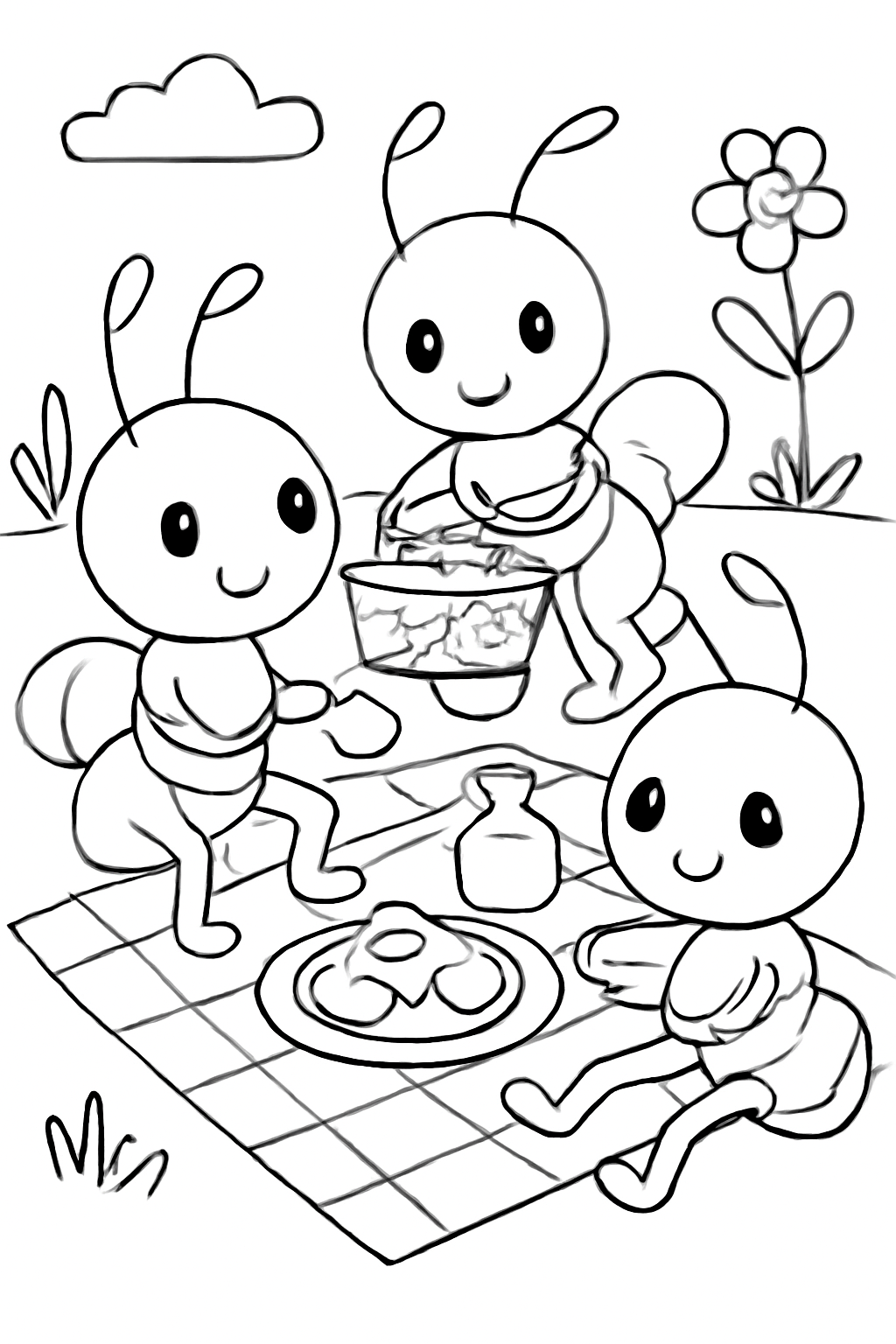 Free printable ants having a tiny picnic coloring page for kids