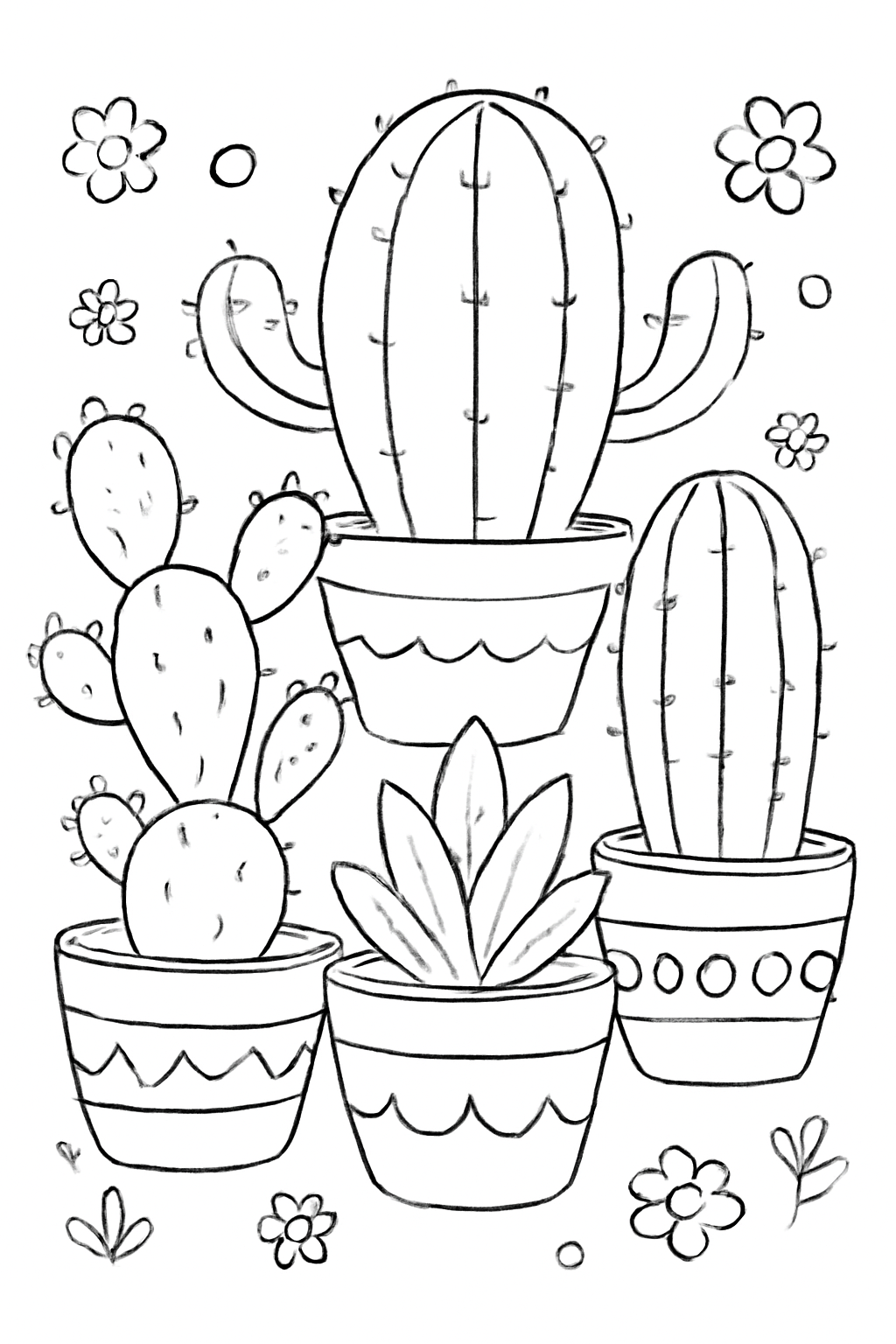 Free printable cactus garden in decorative pots coloring page for kids