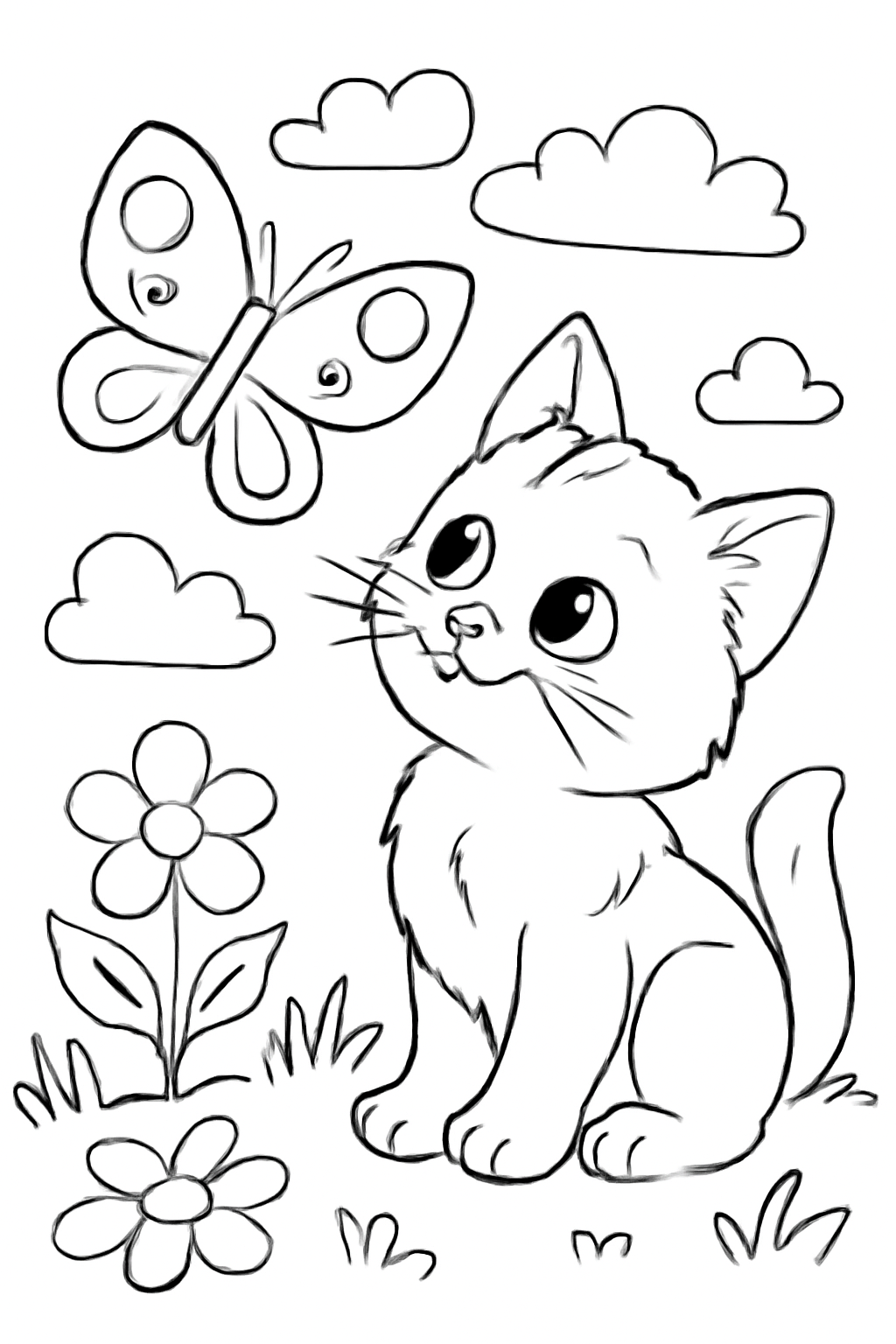 Free printable kitten watching a butterfly coloring page for kids