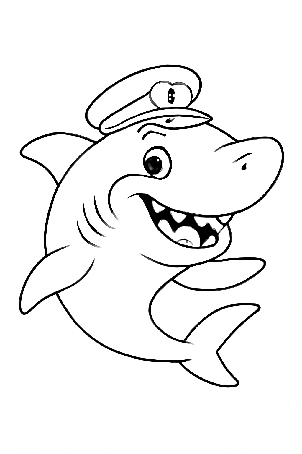 Free printable shark wearing a sailor hat coloring page for kids