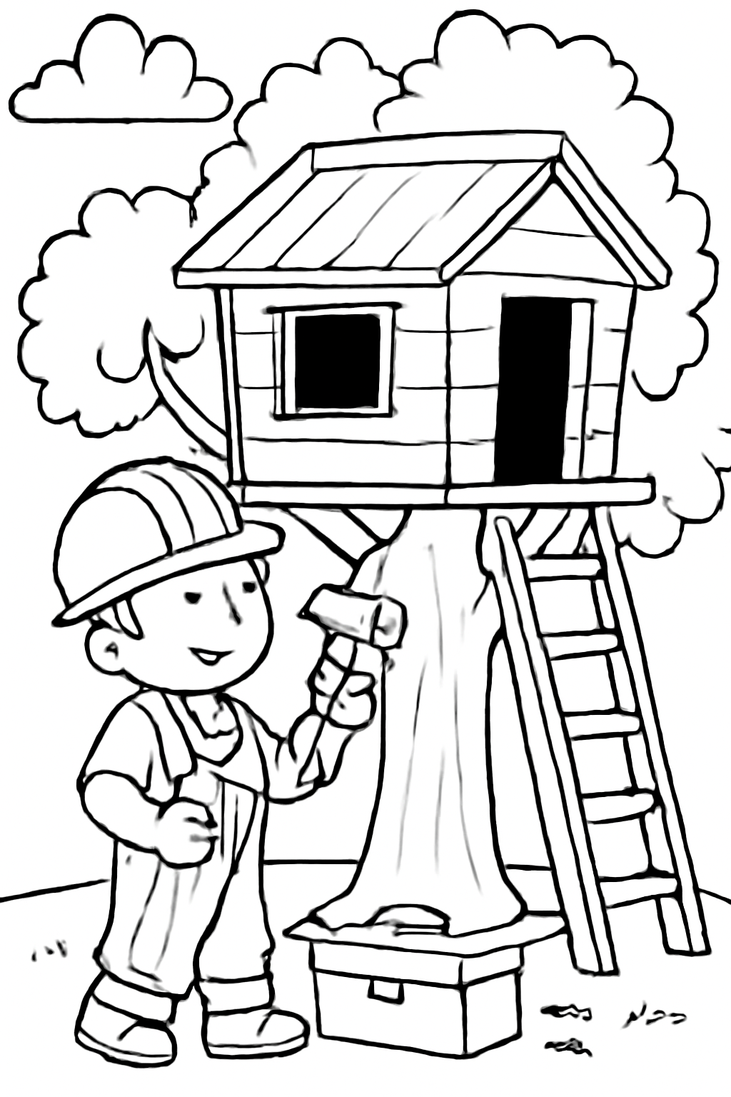 Free printable construction worker building a treehouse coloring page for kids