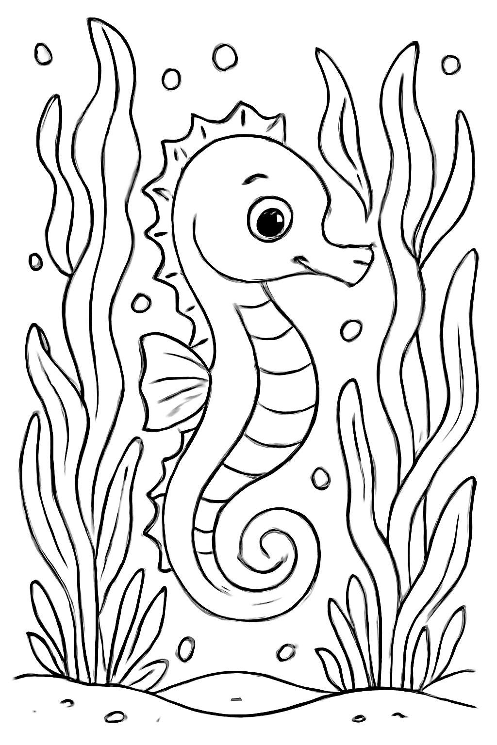 Free printable seahorse in a kelp garden coloring page for kids