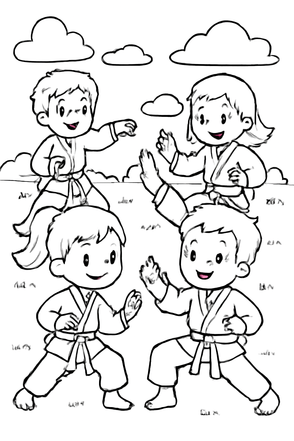 Free printable martial arts students practicing together coloring page for kids