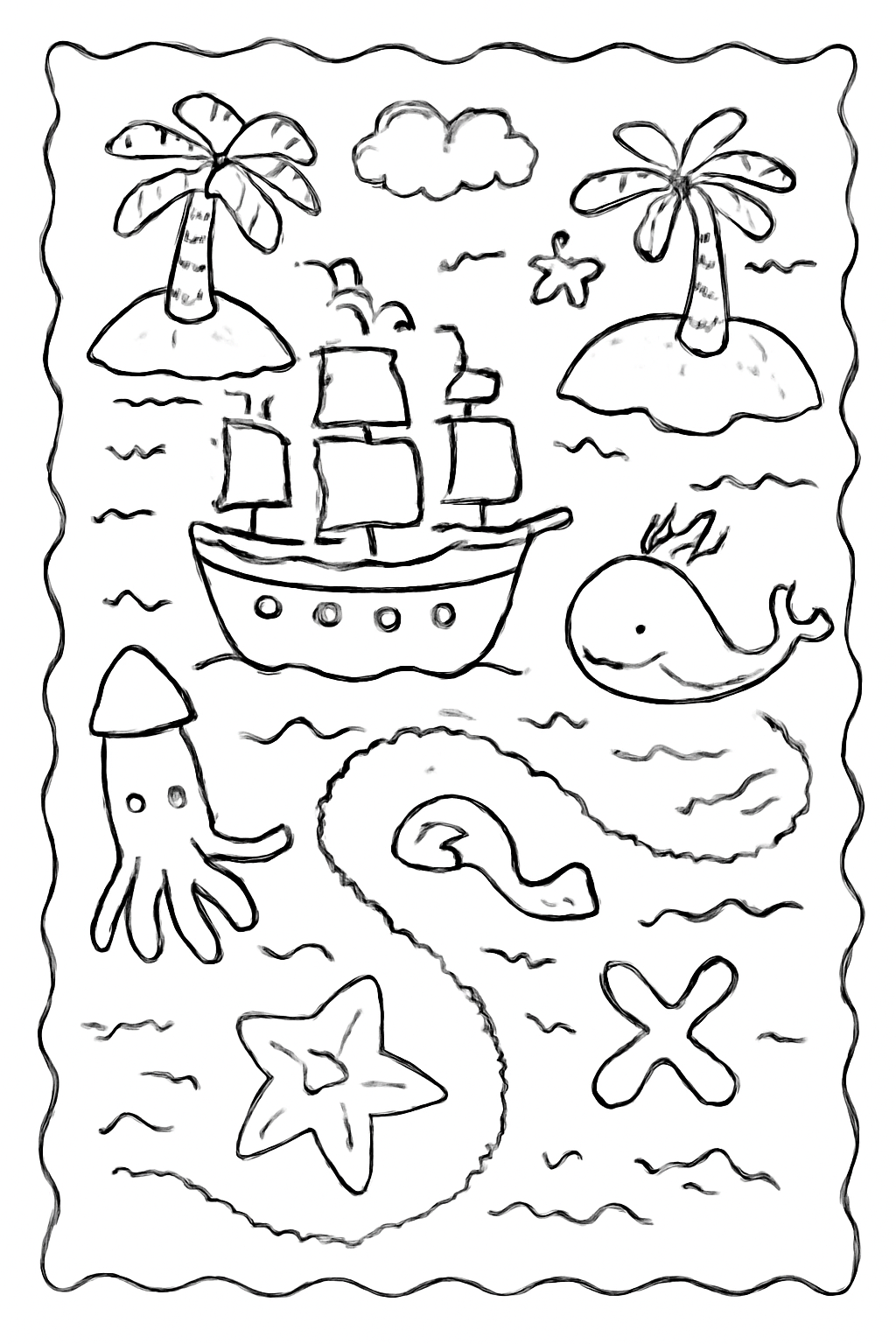 Free printable treasure map with islands ships and sea creatures coloring page for kids