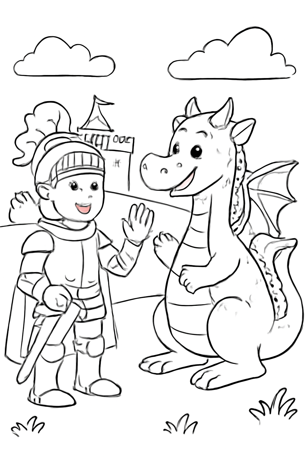 Free printable knight greeting a friendly dragon coloring page for kids